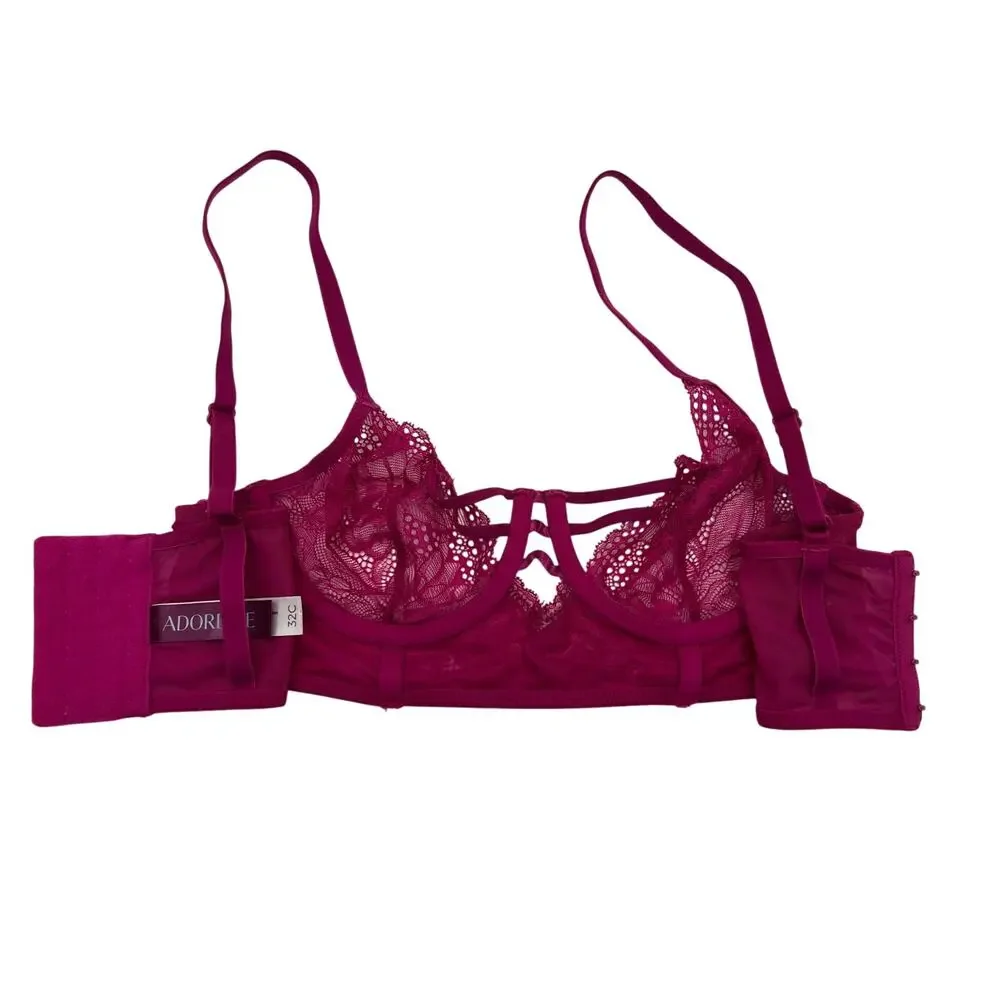 Adore Me Bra Longline Lace Strappy Balconette Underwire Back Closure Pink 32C